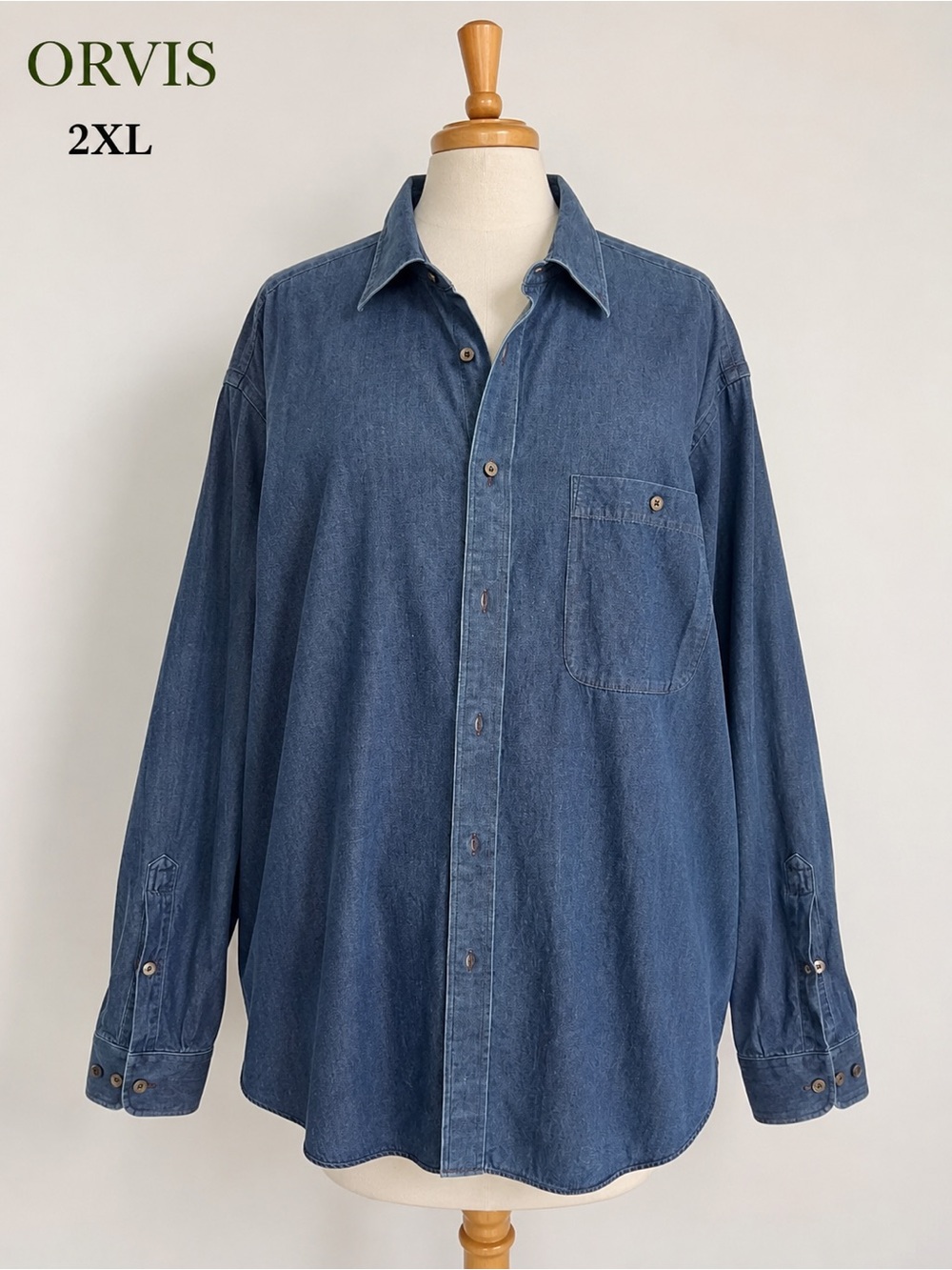 Orvis Chambray Button-Up Shirt Men’s 2XL Blue Long Sleeve Cotton Casual Outdoor